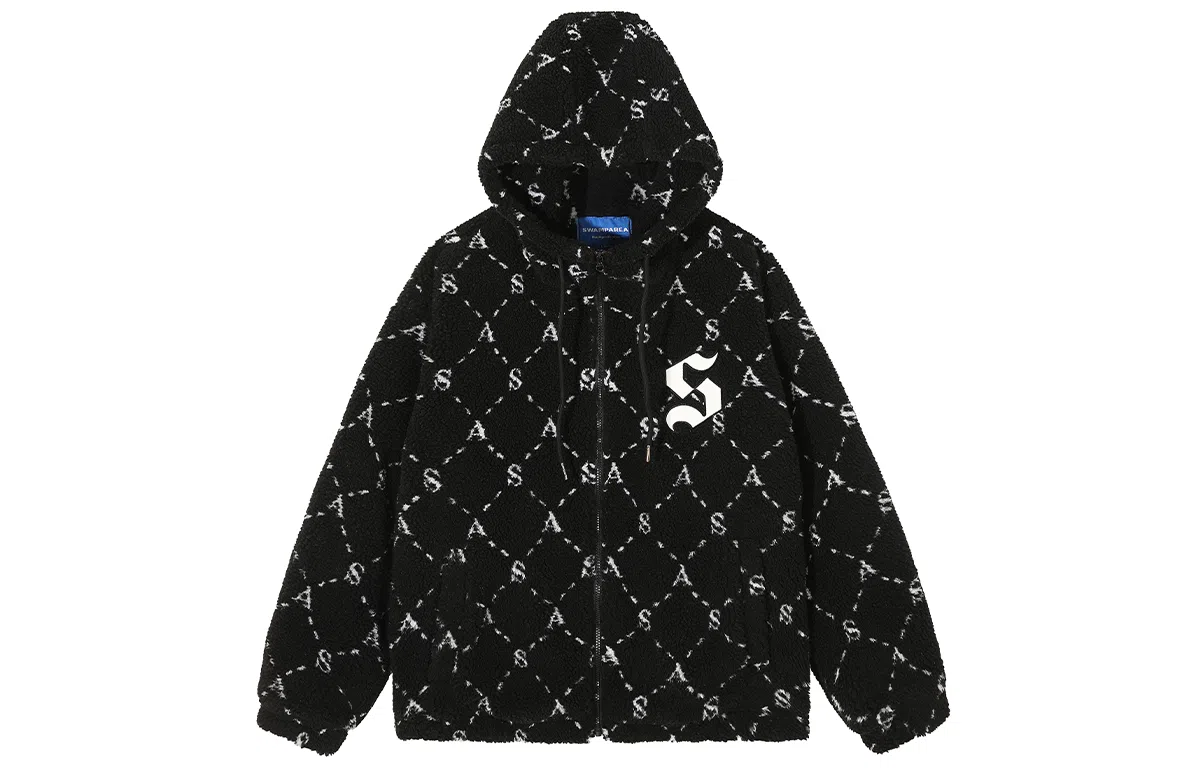 SWAMP AREA Letter Applique Sherpa Hoodie Jacket