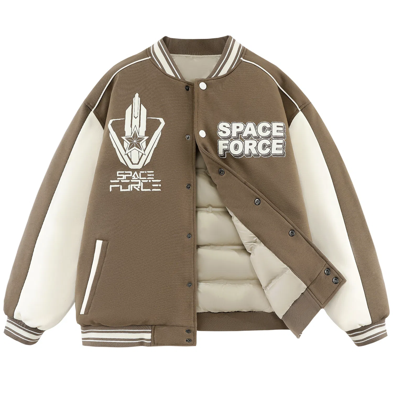 三体 太空亚洲舰队系列 趣味英文字母发泡印花美式学院复古拼接撞色休闲棒球服宽松加厚保暖羽绒服 男女同款