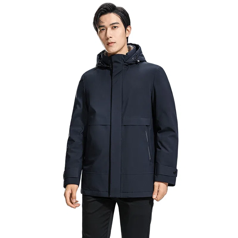 鸭鸭 纯色商务休闲连帽中长款羽绒服 男款 虾青色