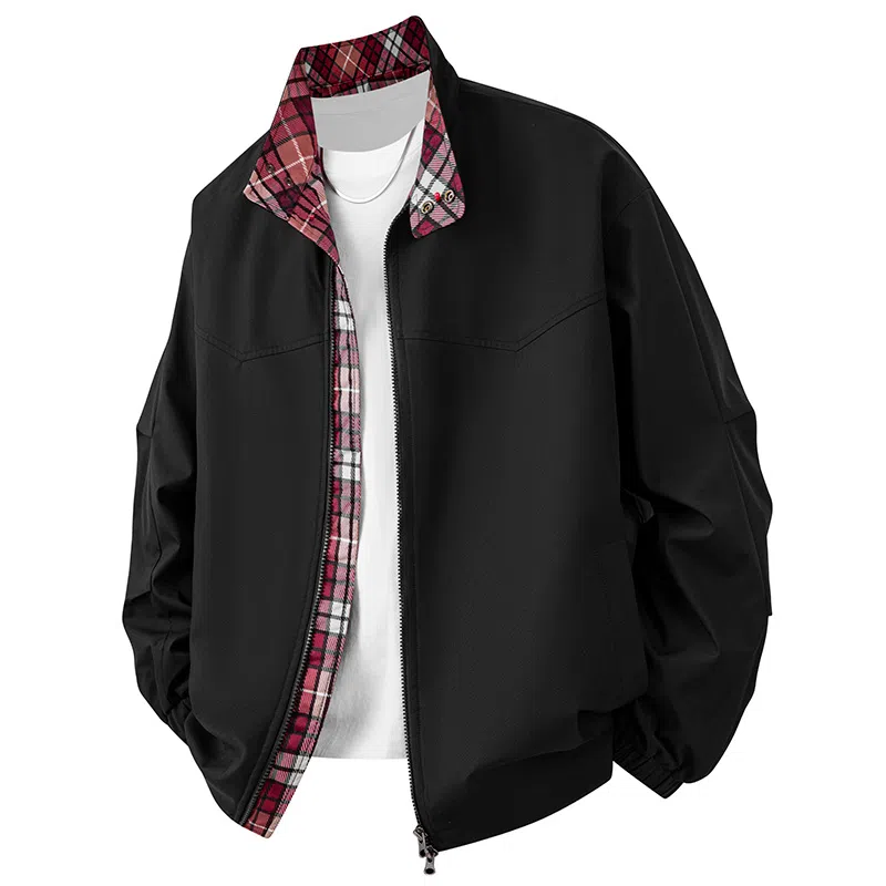 快鱼 美式简约复古青少年基础款潮流高街立领撞色格子纯色休闲百搭舒适长袖外套夹克 男女同款