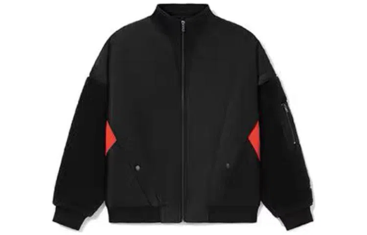 中国李宁 宽松拼接拉链立领休闲长袖棉服 男款 黑色