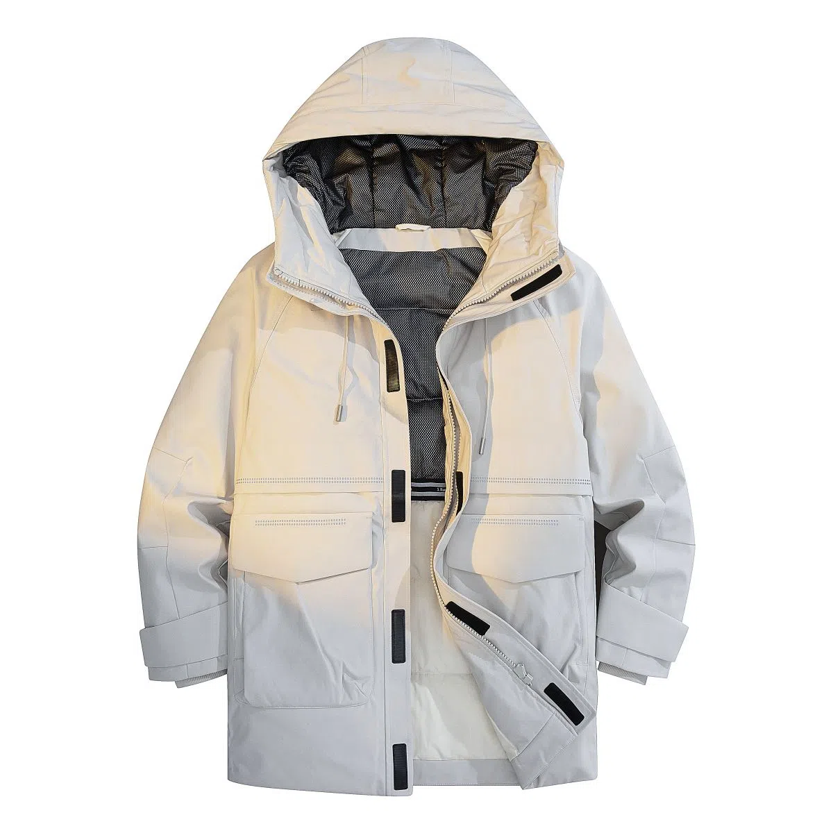 鸭鸭 纯色大口袋保暖防风连帽羽绒服 男款