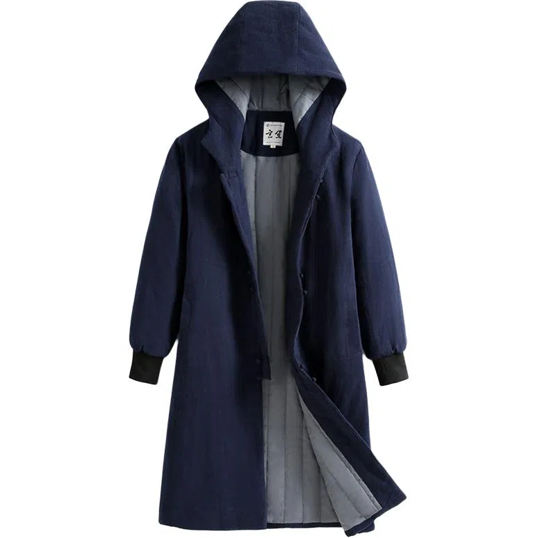 玄笙 纯色中长款连帽棉服 男款