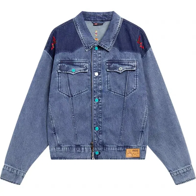 中国李宁 舒适休闲翻领简约牛仔外套 男款 蓝色