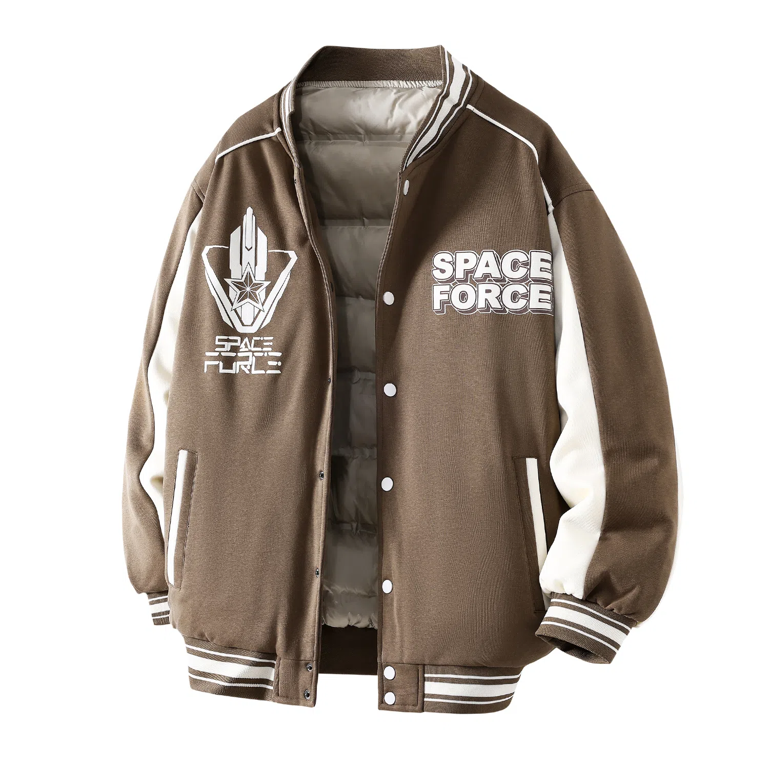 三体 太空亚洲舰队系列 休闲复古美式宽松趣味英文字母发泡印花学院风拼接撞色保暖加厚飞行员棒球夹克多巴胺羽绒服 男女同款