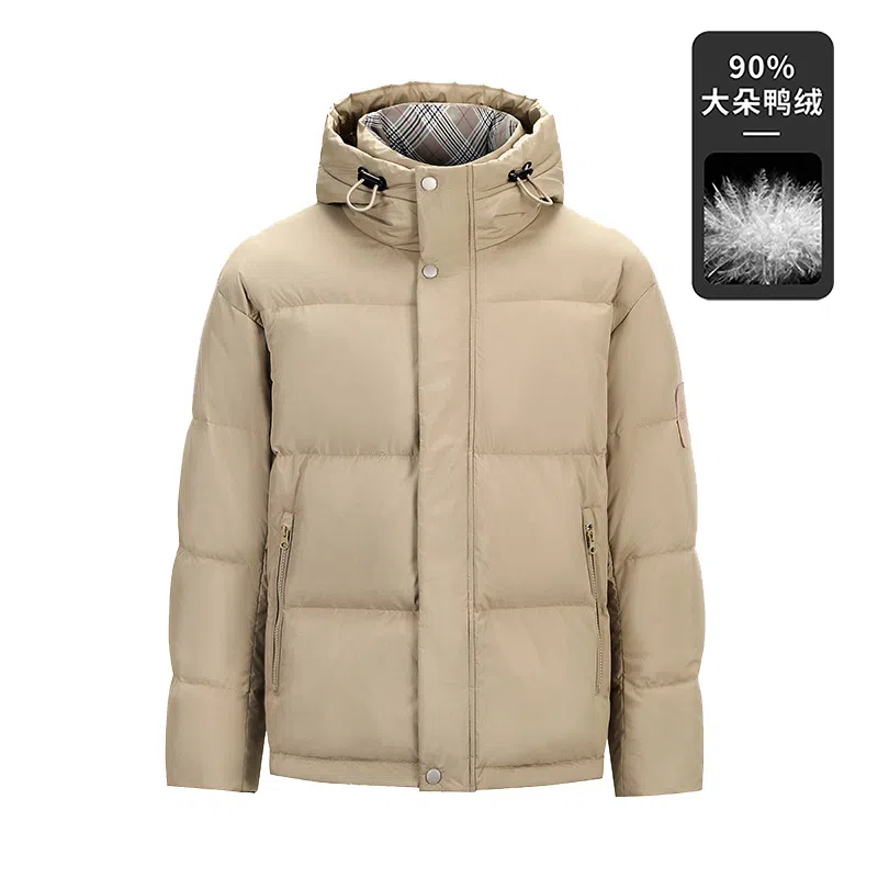 鸭鸭 撞色格子领保暖中长款连帽羽绒服外套 男款