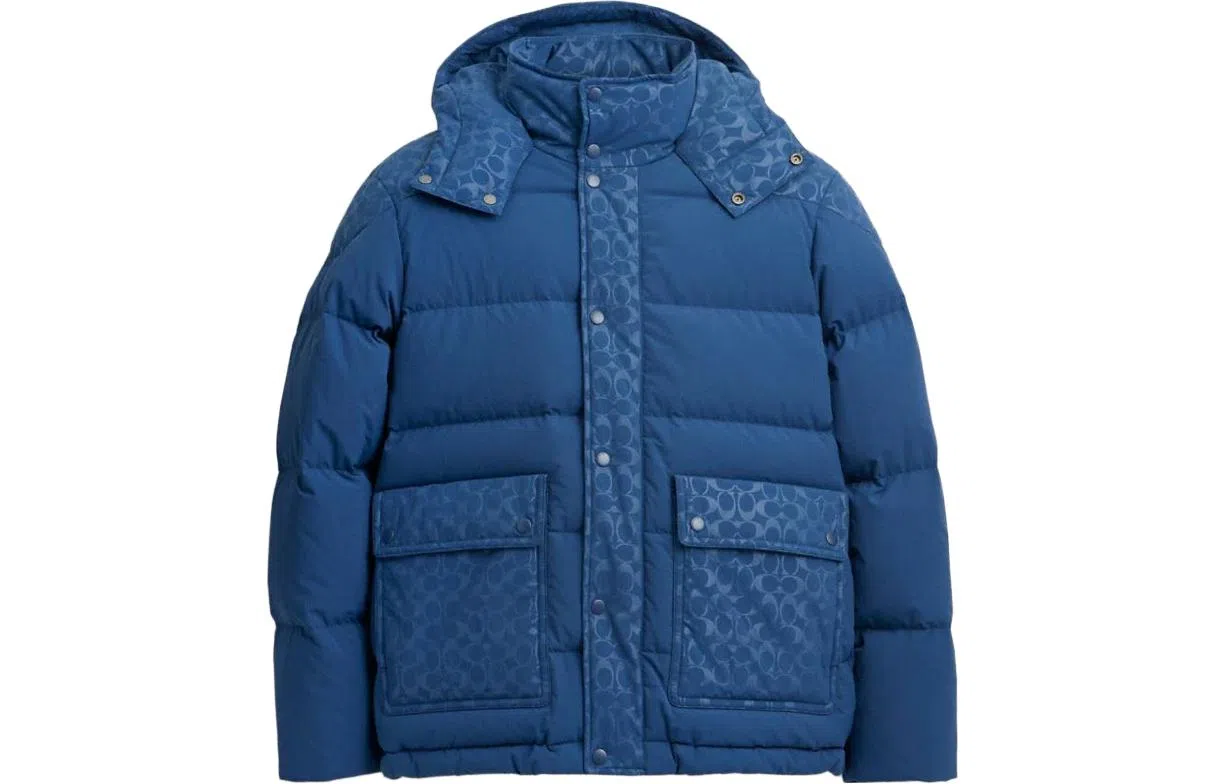 COACH Printed Hoodie Down Jacket Blue