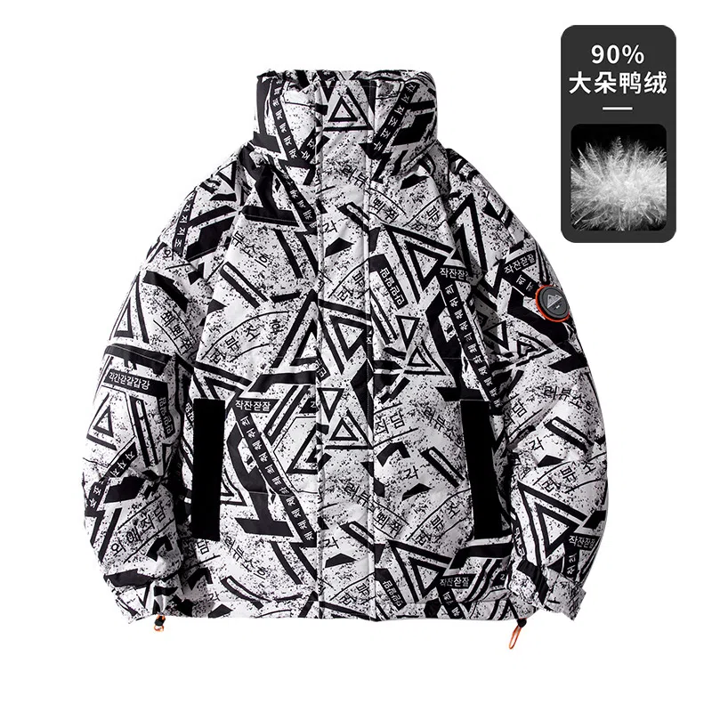 鸭鸭 几何图案印花满印立领滴塑标设计休闲宽松工装运动加厚保暖羽绒服 男款 花米色