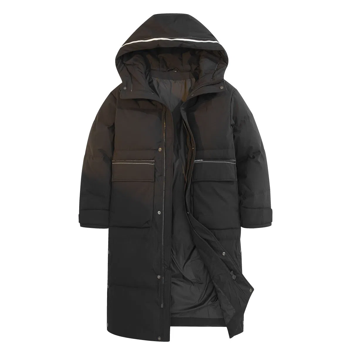 鸭鸭 连帽过膝长款工装大口袋羽绒服 男款