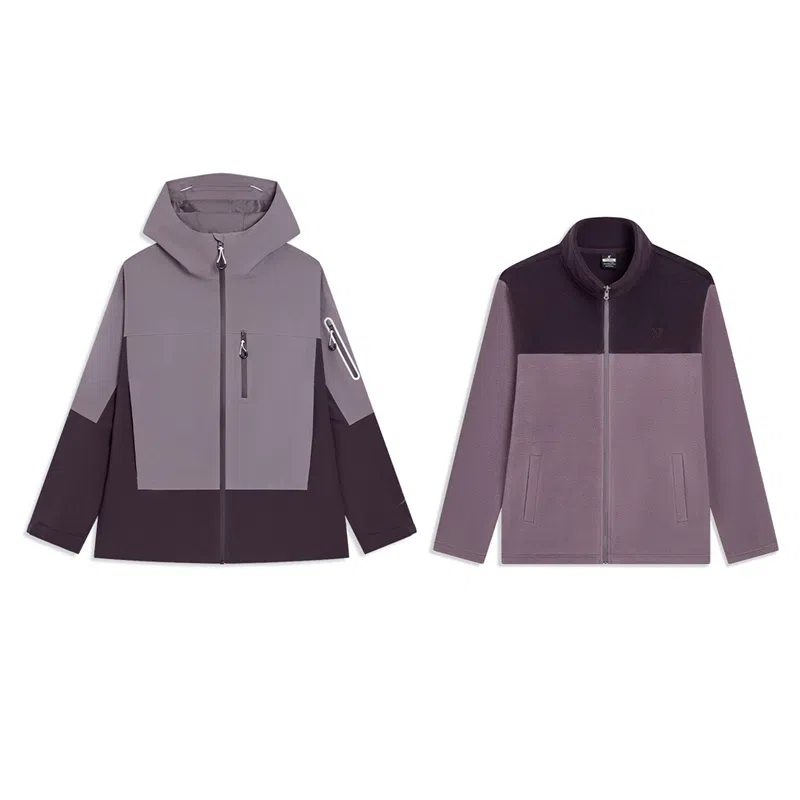 特步  羽翼 摇粒三合一可拆卸 简约工装风防风户外时尚情侣外套 防水冲锋衣  男女同款 暗夜紫