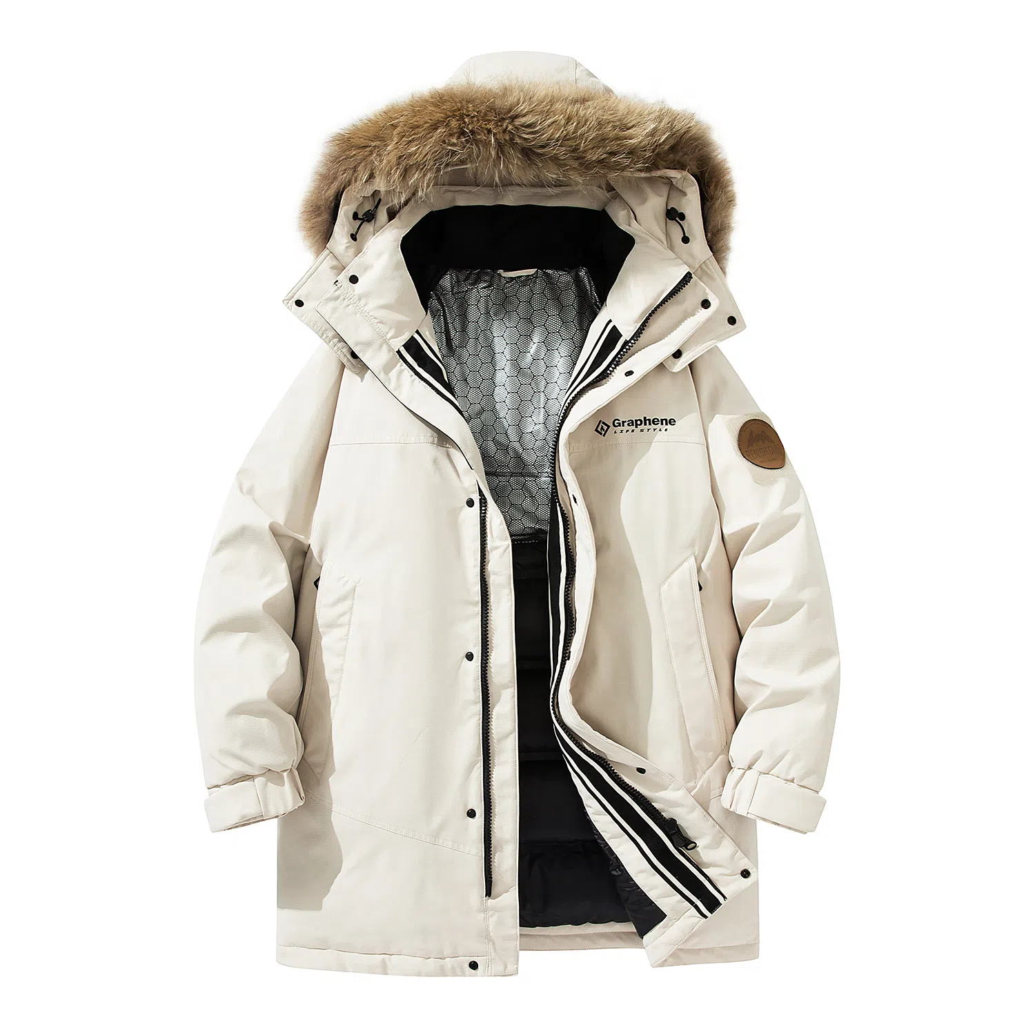 鸭鸭 绿色军大衣外套升级石墨烯内里可脱卸貉子毛领连帽无性别暗黑羽绒服 男女同款 黑色