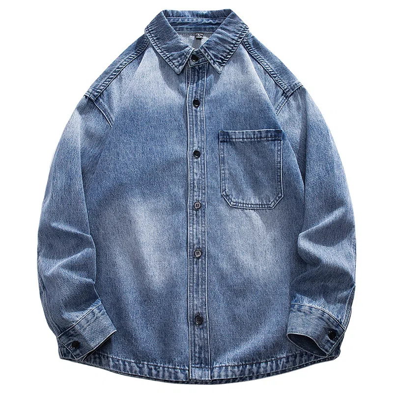 美式复古宽松水洗双口袋翻领大码牛仔外套 男款