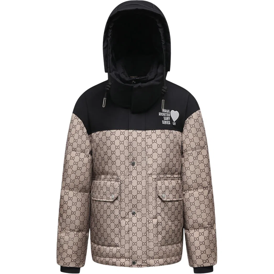 鸭鸭 拼色字母爱心印花连帽拉链羽绒服 男女同款