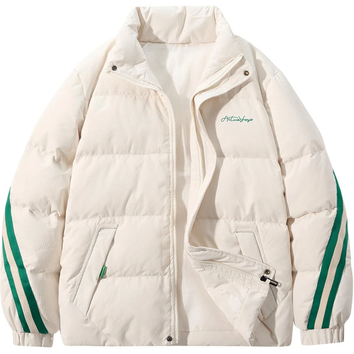 鸭鸭 加厚保暖鸭绒撞色条纹织带休闲宽松立领无帽无性别面包服暗黑羽绒服外套 男女同款