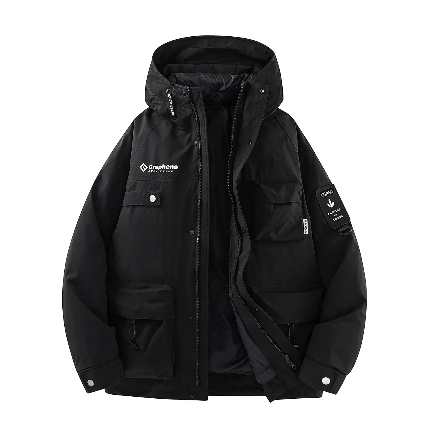 鸭鸭 山系字母印花立体多口袋设计连帽保暖羽绒服 男女同款