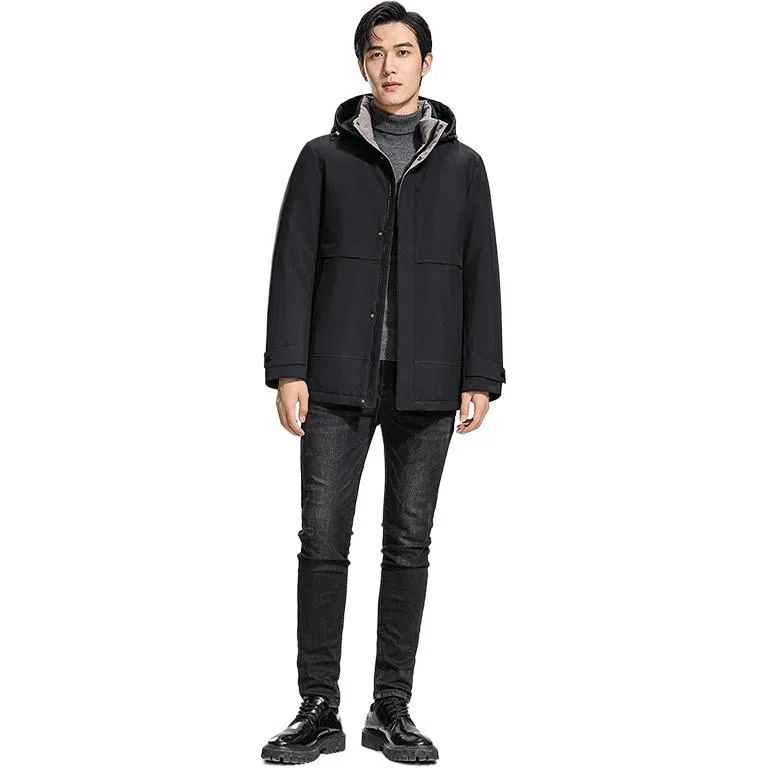 鸭鸭 纯色商务休闲连帽中长款羽绒服 男款 虾青色