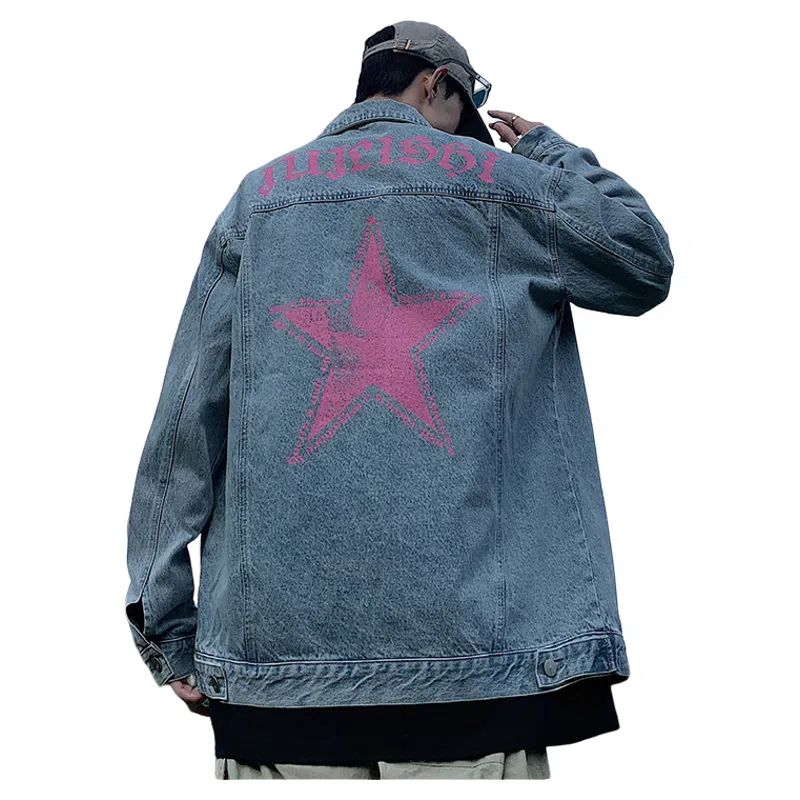 人本 美式复古重水洗拼接多口袋工装上衣背面大印花字母星星图案翻领宽松夹克衫落肩长袖单排扣开衫牛仔外套 男女同款 蓝色