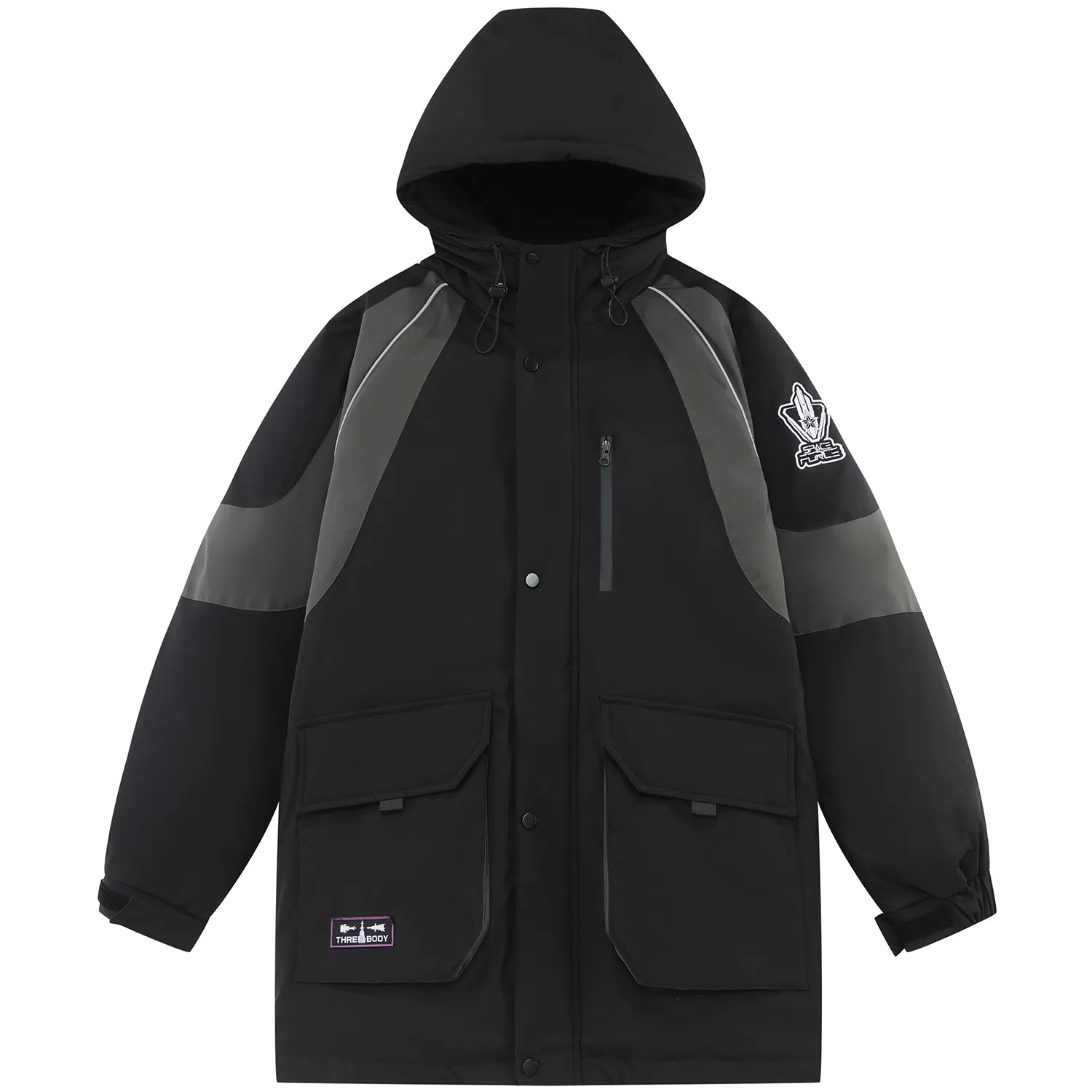三体 太空亚洲战舰队系列 拼接撞色字母绣花章保暖加厚防风防水派克服拉链工装口袋户外休闲中长款连帽羽绒服外套 男女同款