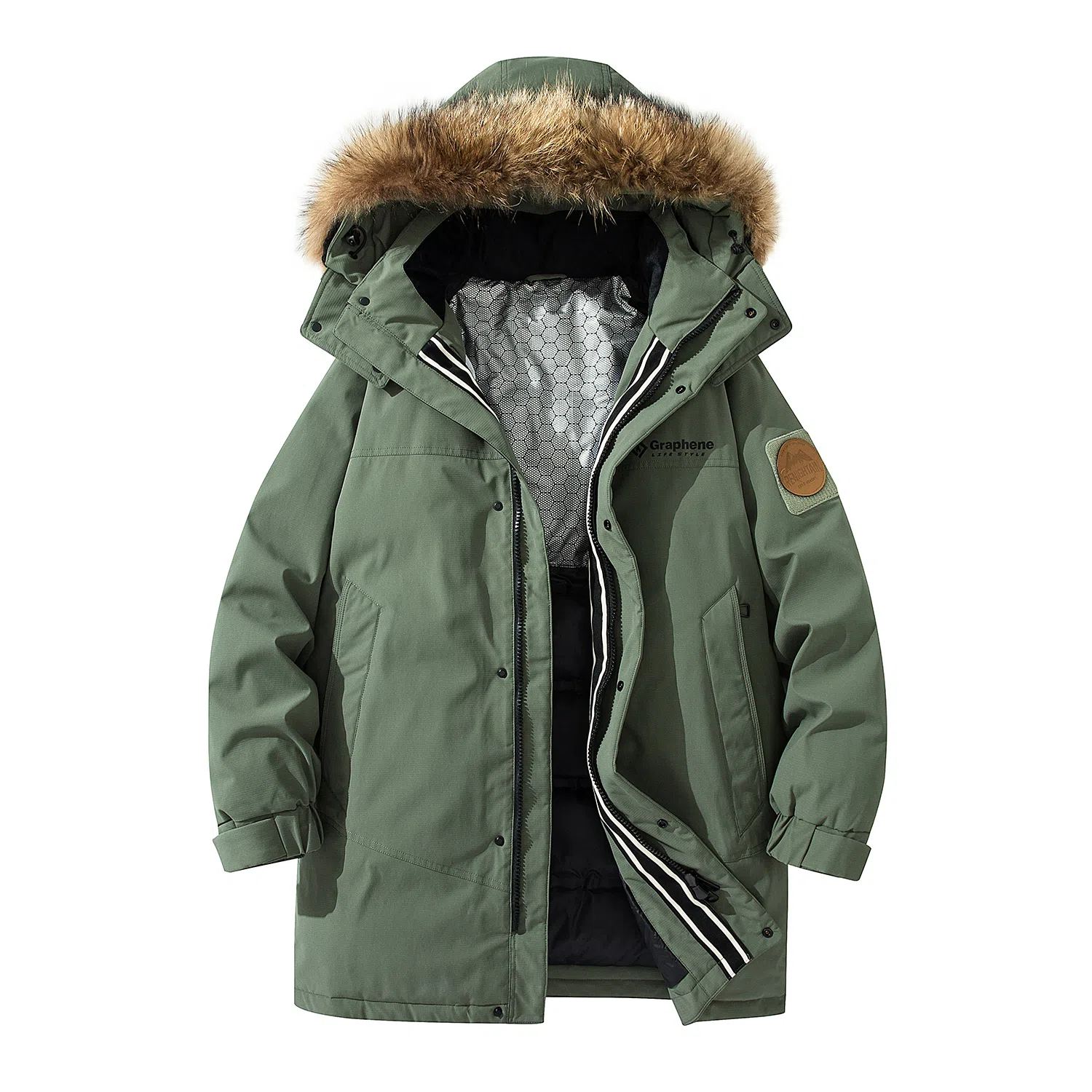 鸭鸭 绿色军大衣外套升级石墨烯内里可脱卸貉子毛领连帽无性别暗黑羽绒服 男女同款 黑色