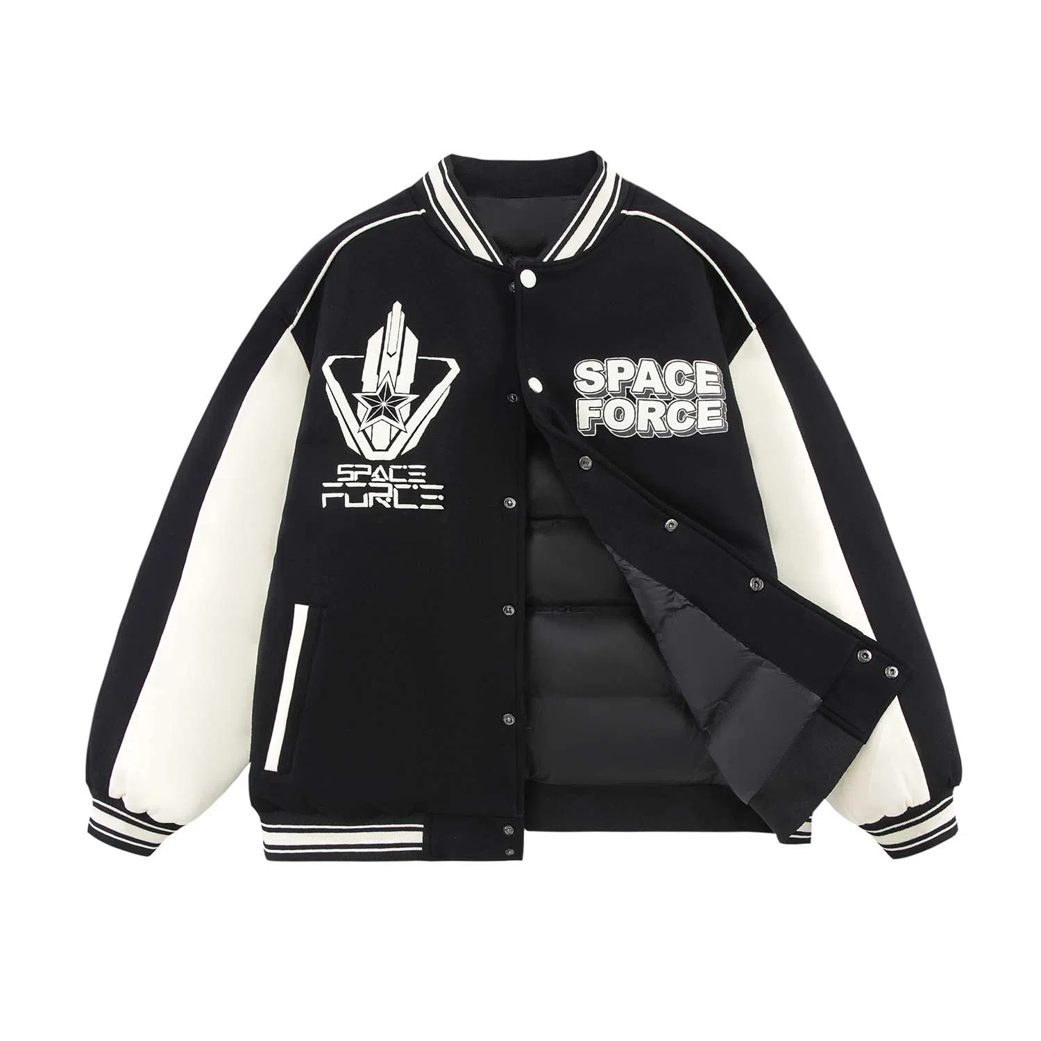 三体 太空亚洲舰队系列 趣味英文字母发泡印花美式学院复古拼接撞色休闲棒球服宽松加厚保暖羽绒服 男女同款