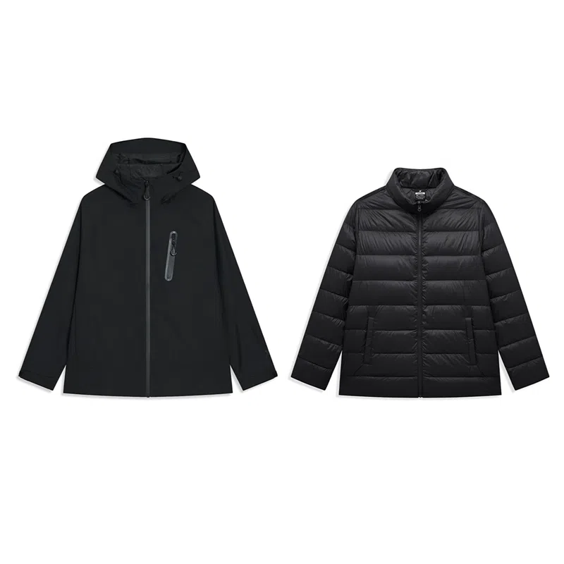 特步  羽翼 户外纯色可拆帽羽绒三合一  防水防风透气轻量冲锋衣 男女同款 正黑色