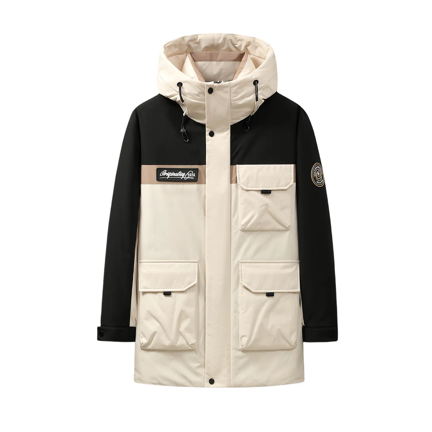 鸭鸭 山系户外风工装多口袋插色拼接立体滴塑休闲宽松连帽套头羽绒服 男女同款