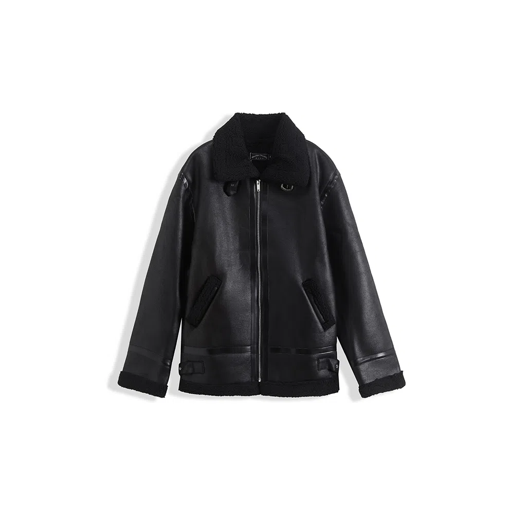 我是大卫 纯色机车服皮毛一体加厚夹克 男女同款 黑色