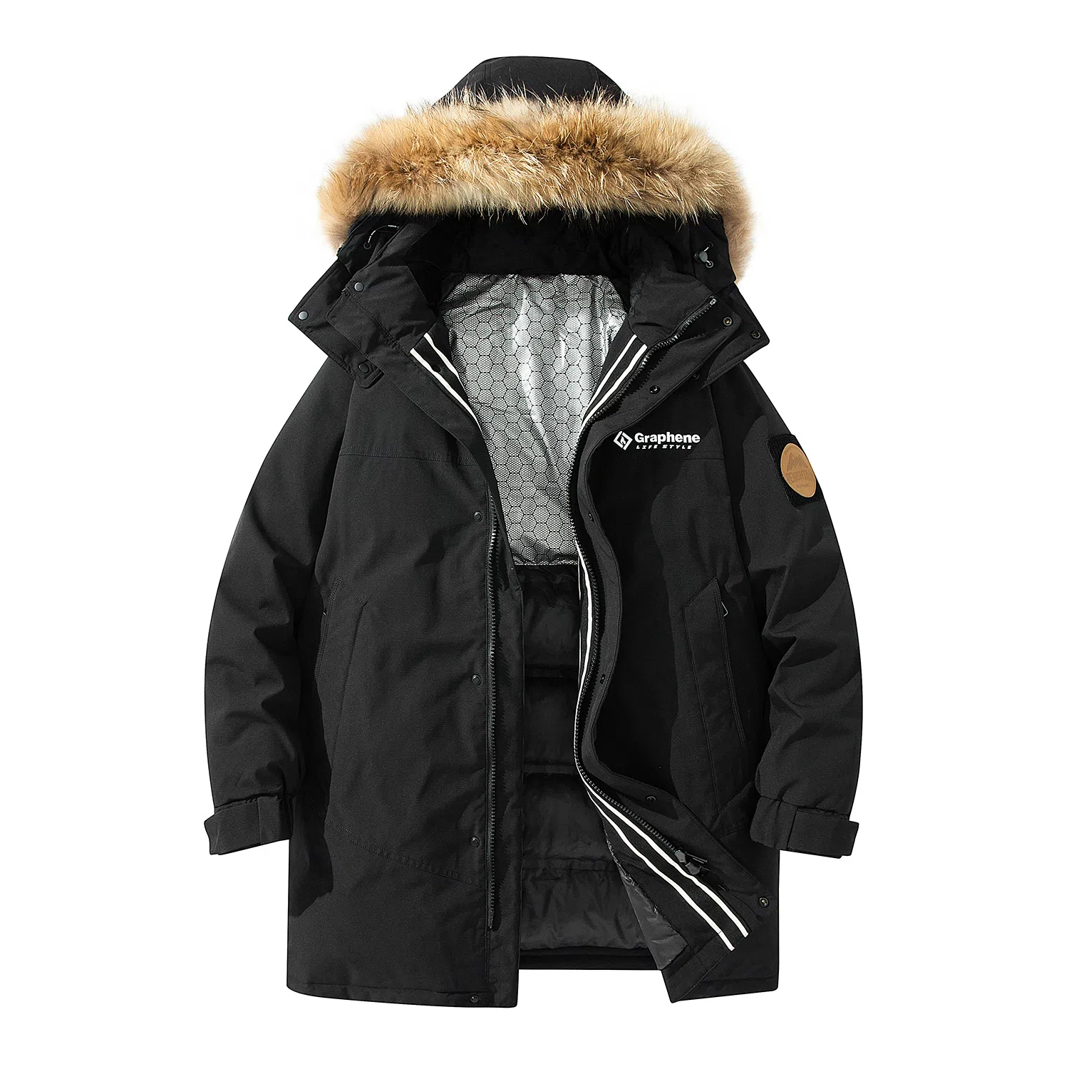 鸭鸭 绿色军大衣外套升级石墨烯内里可脱卸貉子毛领连帽无性别暗黑羽绒服 男女同款 黑色