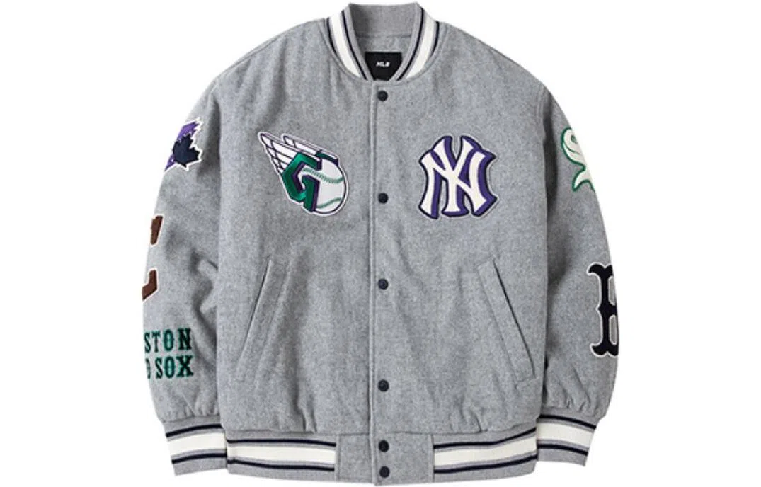MLB Logo Embroidered Baseball Jacket Grey