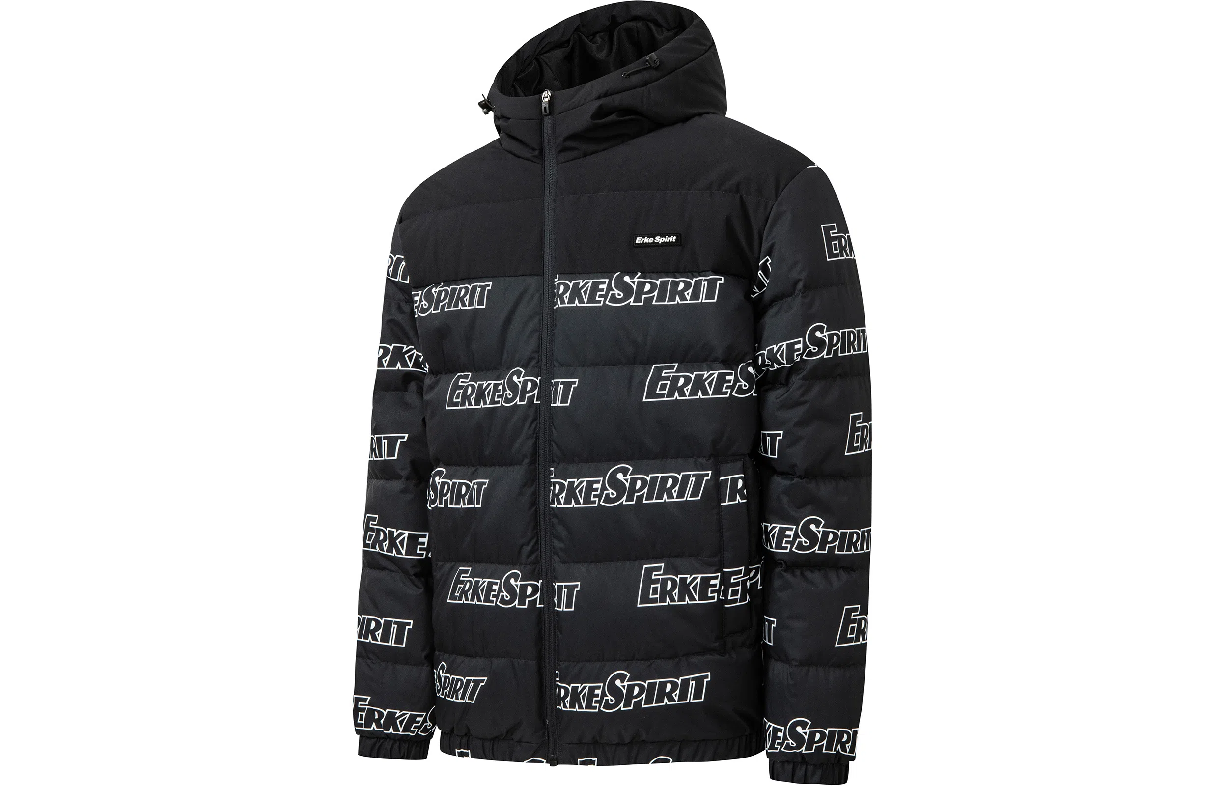 鸿星尔克 字母满印拼接连帽休闲加厚保暖羽绒服 男款 正黑