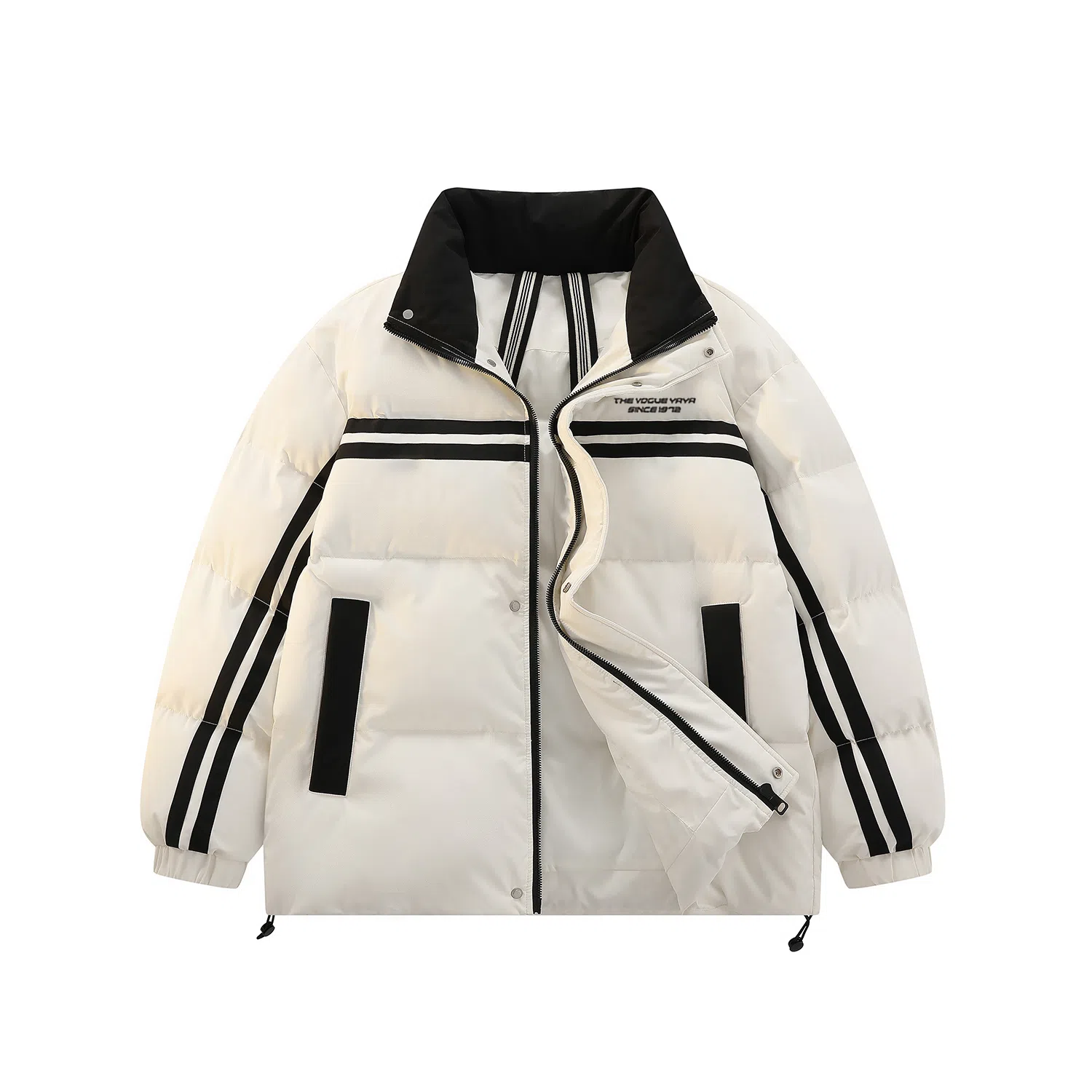 鸭鸭 青少年基础款字母印花条纹拼接撞色休闲宽松时尚百搭校园氛围感加厚防风保暖拉链立领羽绒服 男女同款