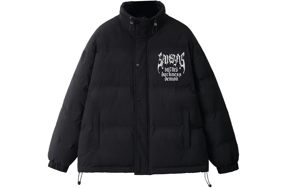 木村三社 哥特字母印花宽松棉服 男女同款 黑色