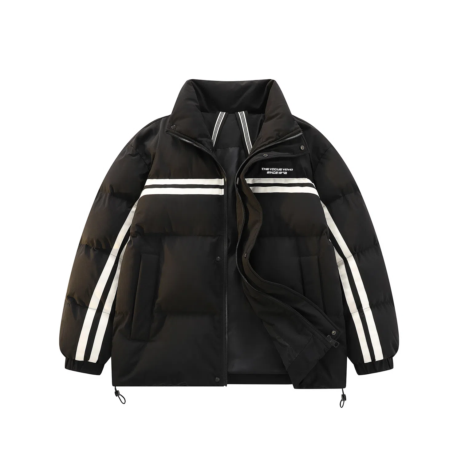 鸭鸭 青少年基础款字母印花条纹拼接撞色休闲宽松时尚百搭校园氛围感加厚防风保暖拉链立领羽绒服 男女同款