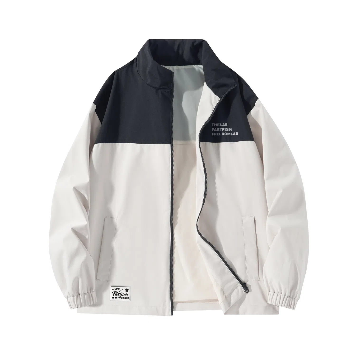 快鱼 美式简约山系户外拼接撞色热熔标织唛休闲立领拉链防水防风机能风暗黑冲锋小香风教练工装时尚百搭宽松长袖夹克外套 男女同款