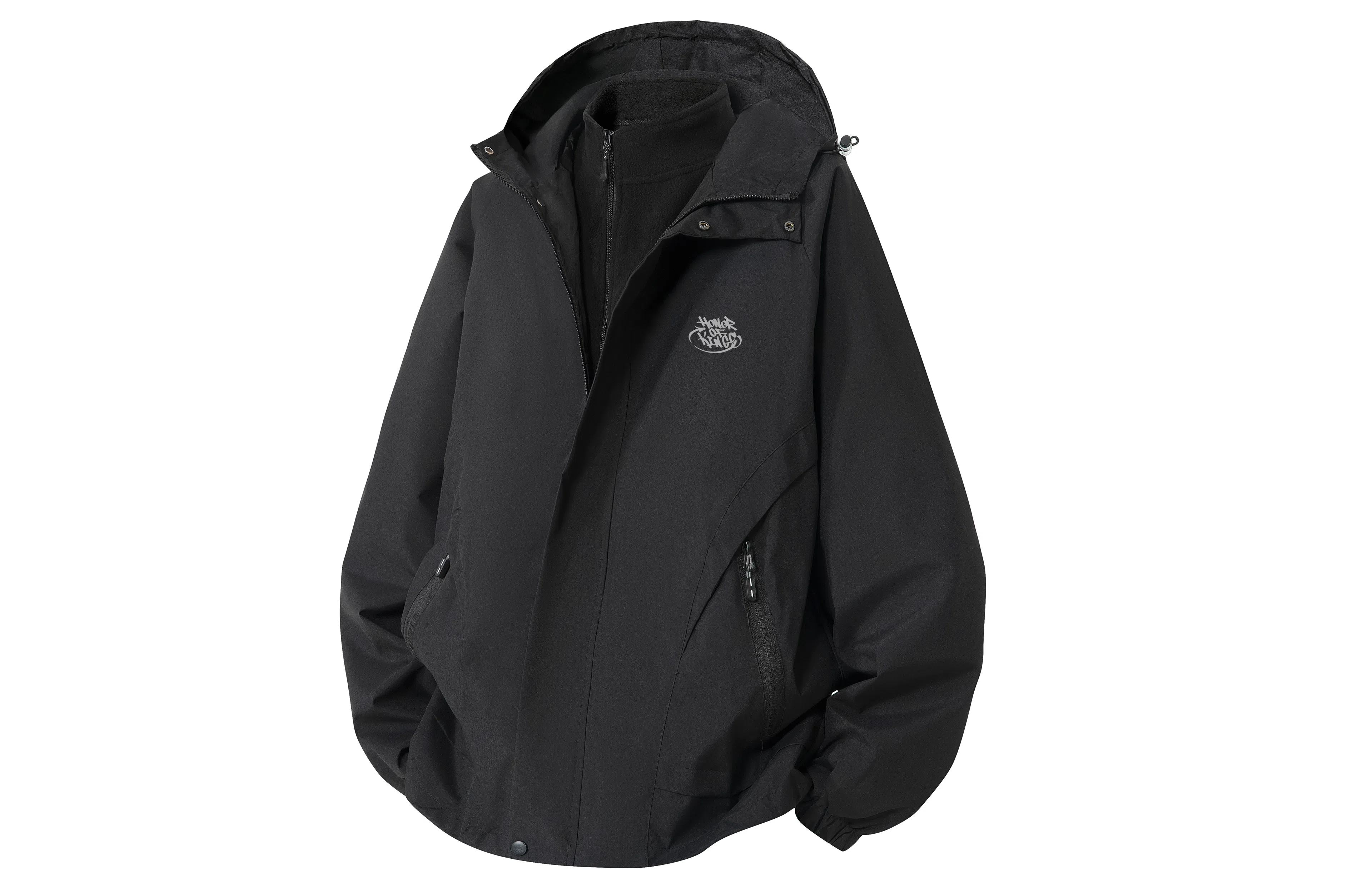 王者荣耀  美式字母三合一加绒防风防泼水户外登山拉链连帽休闲 冲锋衣 男女同款 黑色