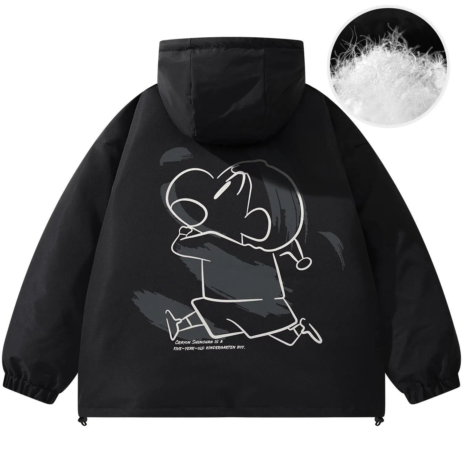 蜡笔小新 户外休闲奔跑线稿卡通人物字母印花保暖加厚休闲宽松可调节连帽羽绒服外套 男女同款