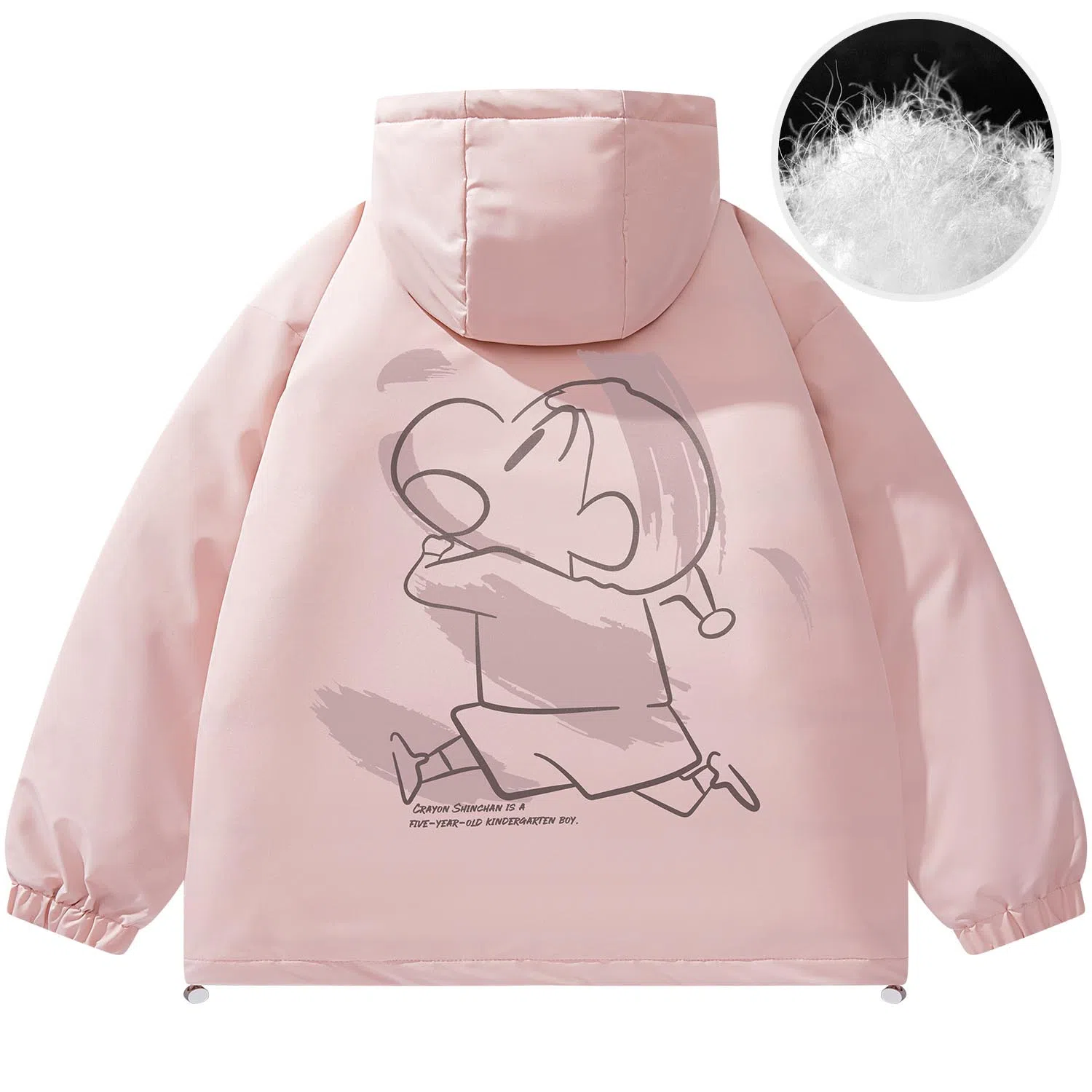 蜡笔小新 户外休闲奔跑线稿卡通人物字母印花保暖加厚休闲宽松可调节连帽羽绒服外套 男女同款