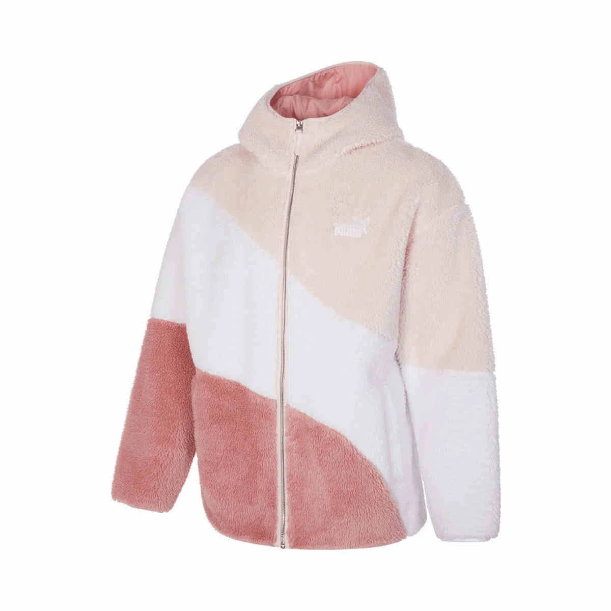 PUMA Logo Embroidered Sherpa Hoodie White Pink