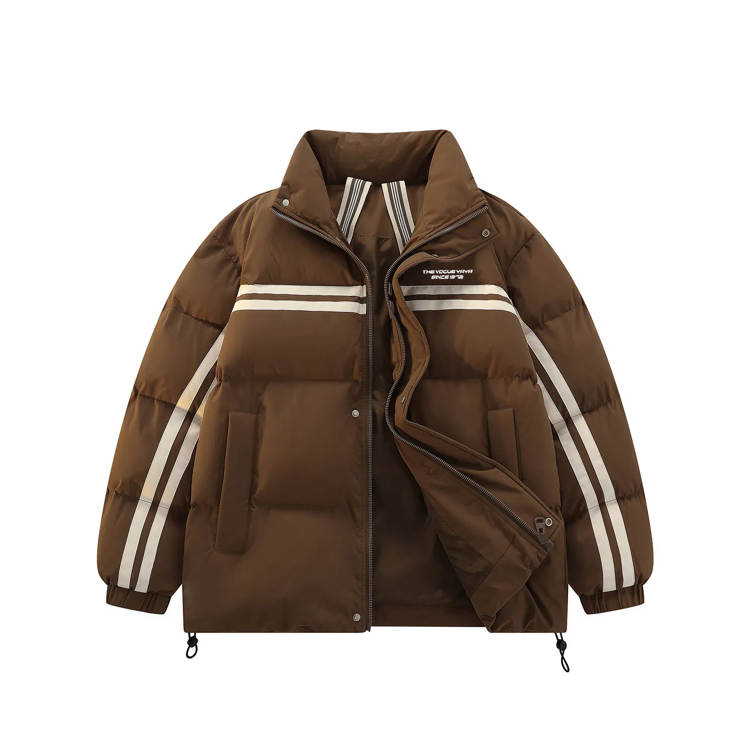 鸭鸭 青少年基础款字母印花条纹拼接撞色休闲宽松时尚百搭校园氛围感加厚防风保暖拉链立领羽绒服 男女同款