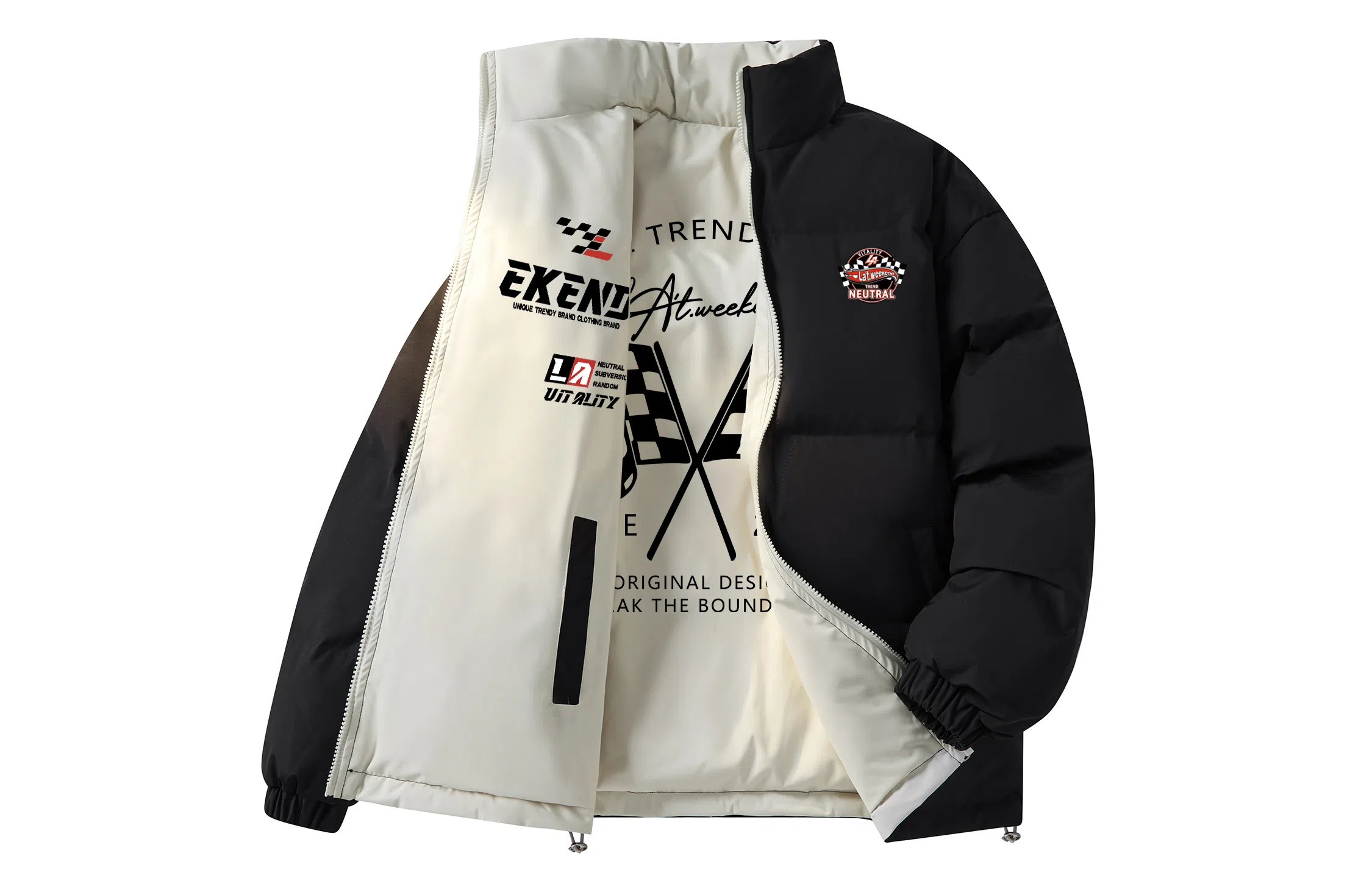 LA'T.WEEKEND Extreme Cold Outdoor 85 White Duck Down Reversible Racing Logo Jacket