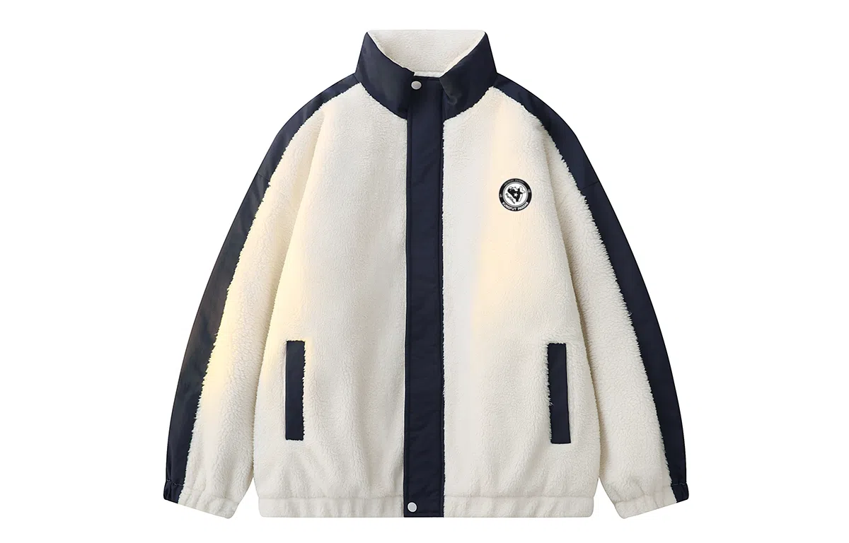 功夫熊猫 美式复古嘻哈街头字母动漫胶标基础款纯色拼接加厚保暖御寒宽松休闲柔软亲肤舒适时尚百搭痞帅拉链翻领绒感外套 男女同款