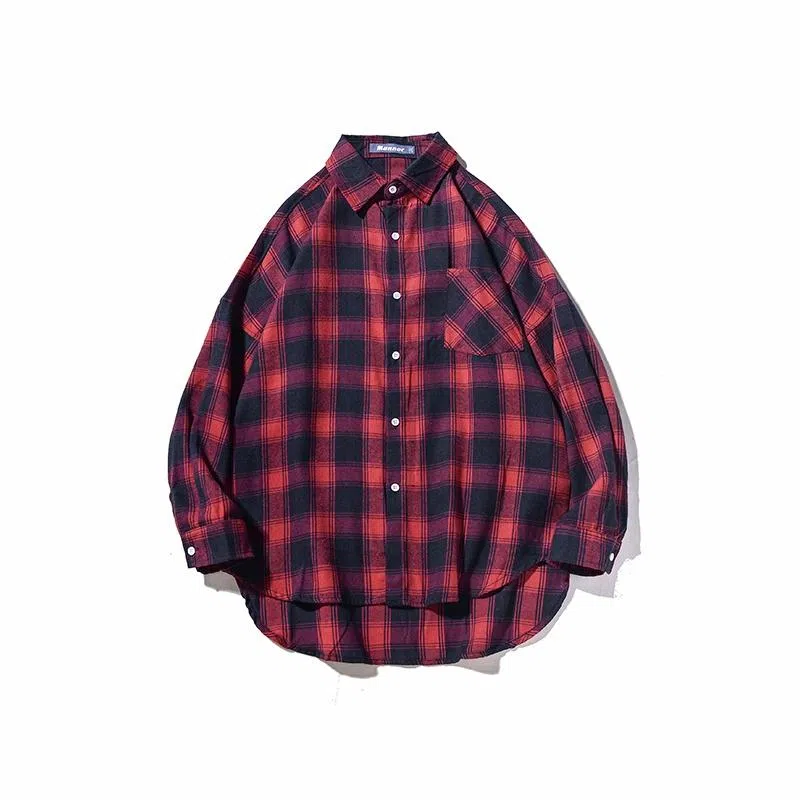 乱步 复古格子美式长短衬衫 男女同款