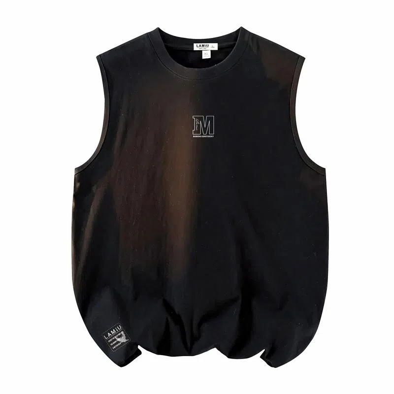 兰缪 日系复古基础款纯色简约宽松美式字母透气纯棉圆领百搭日常通勤无袖背心 男女同款