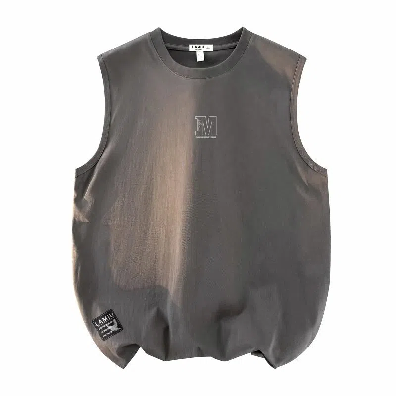 兰缪 日系复古基础款纯色简约宽松美式字母透气纯棉圆领百搭日常通勤无袖背心 男女同款