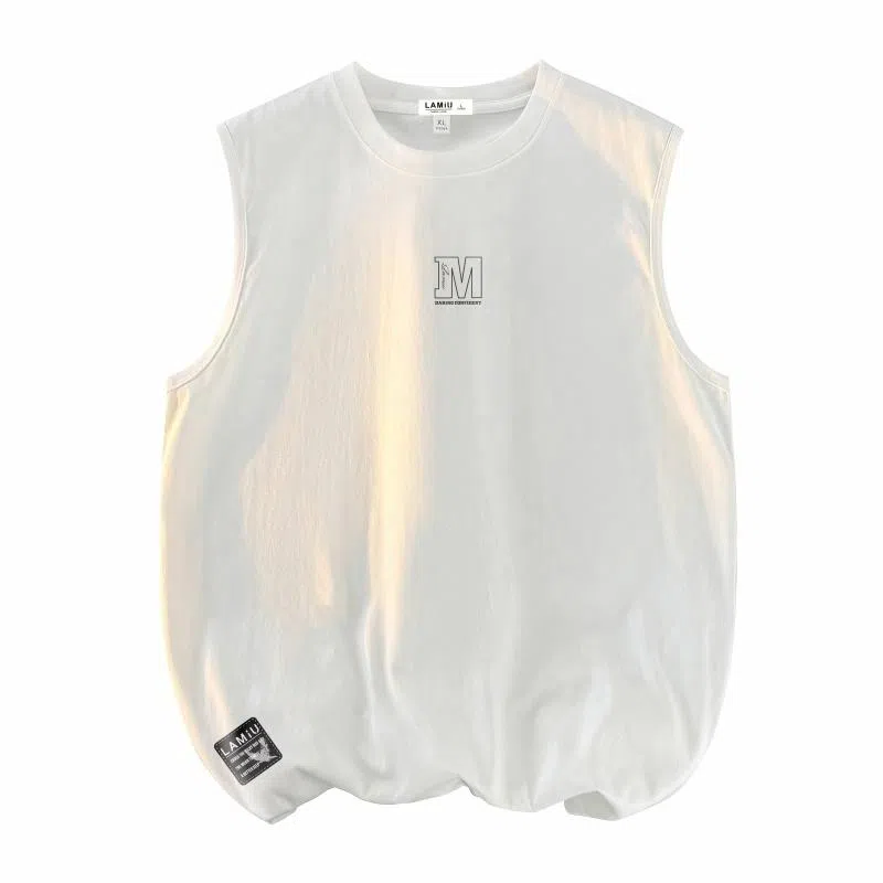 兰缪 日系复古基础款纯色简约宽松美式字母透气纯棉圆领百搭日常通勤无袖背心 男女同款