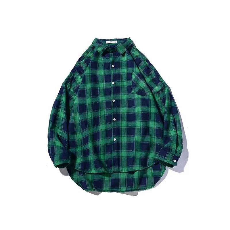 乱步 复古格子美式长短衬衫 男女同款
