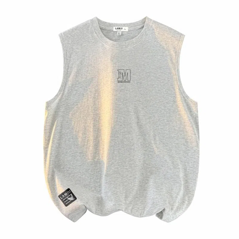 兰缪 日系复古基础款纯色简约宽松美式字母透气纯棉圆领百搭日常通勤无袖背心 男女同款