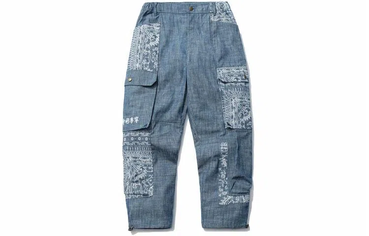 李宁 运动时尚系列 图案印花抽绳收口梭织牛仔裤 男款 故乡蓝