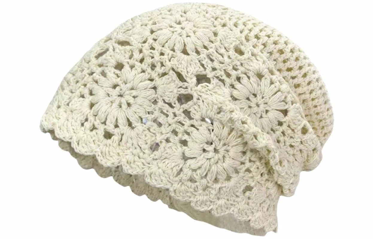 优幽兰 甜美百搭针织镂空花朵包头帽夏薄款大头围显脸小文艺民族风设计复古堆堆帽时尚钩花编织套头帽子超 织物 绒线帽 女款