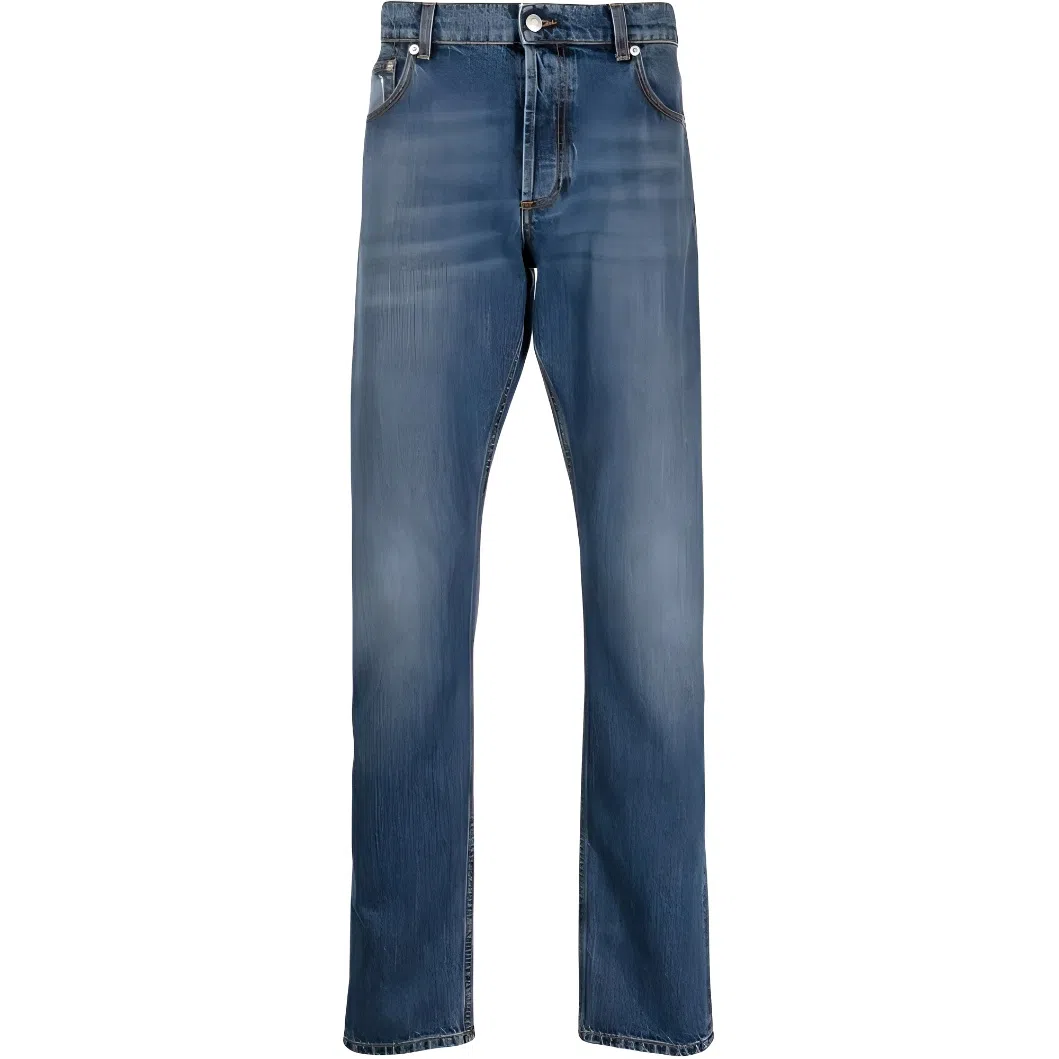 Alexander McQueen SS23 Distressed Patchwork Straight Jeans Blue